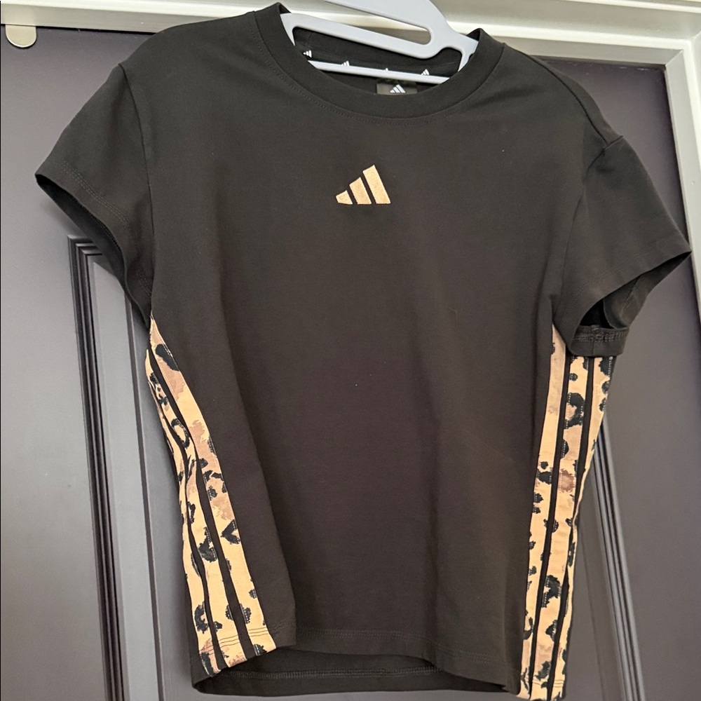 adidas Black Tee with Tan Leopard Stripe Accents